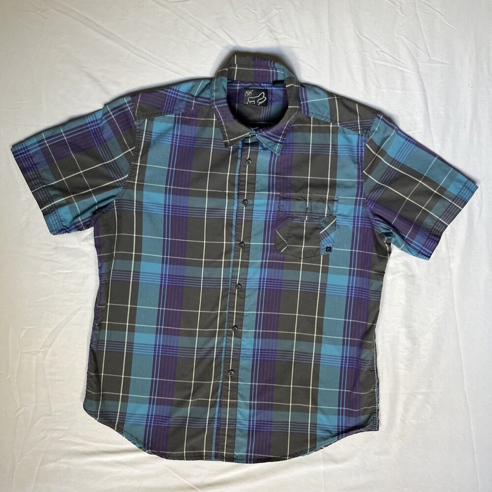 Fox Men's XL Blue Purple Plaid Button Up Shirt Short Sleeve Windowpane Y2K